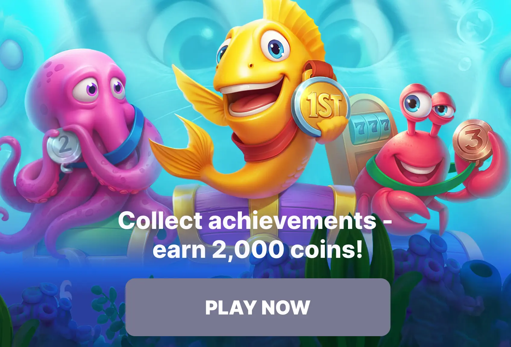 Χαρούμενο ψάρι, χταπόδι και κάβουρας κρατούν μετάλλια κάτω από τη θάλασσα, γιορτάζοντας την επιτυχία τους σε έναν διαγωνισμό.